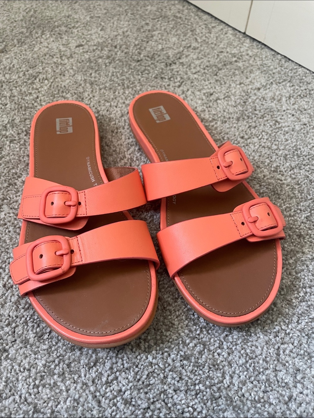 Fitflop Gracie Platform Double-Buckle Slide Sandals Sz 8 Sunshine Coral